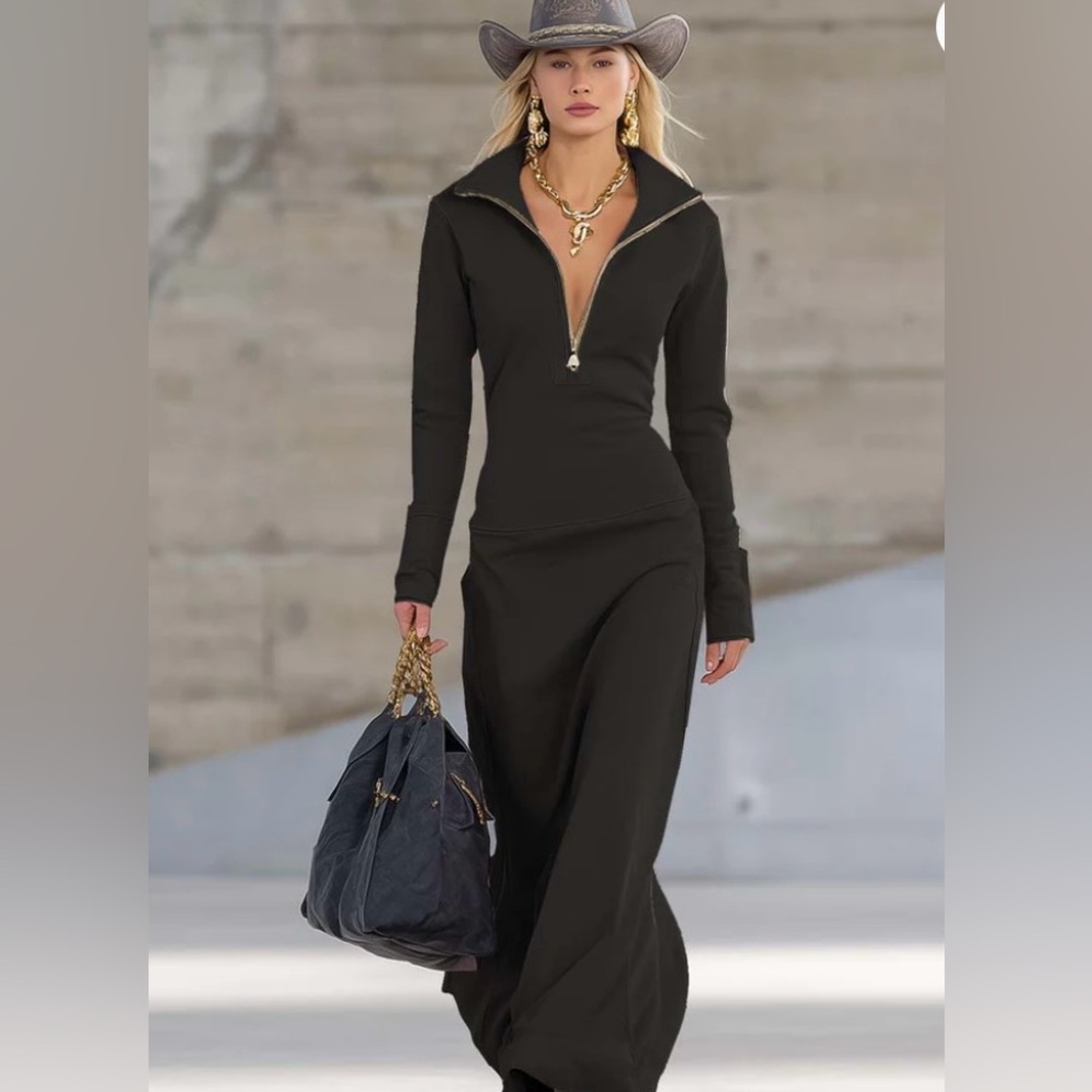 Oyrosy Chic Black Long Sleeve Sweatshirt Dress